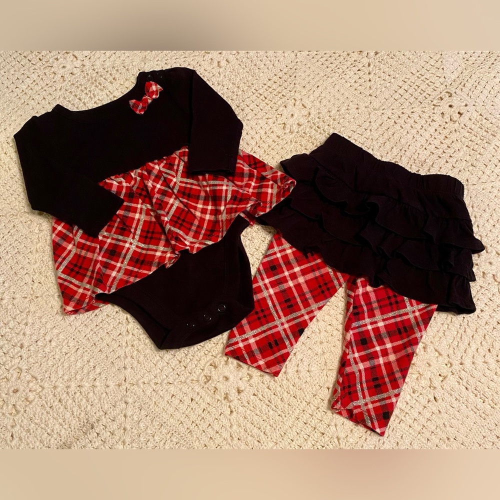EUC Red Black & Silver Plaid 2 pc set 3-6 mos Baby Girl